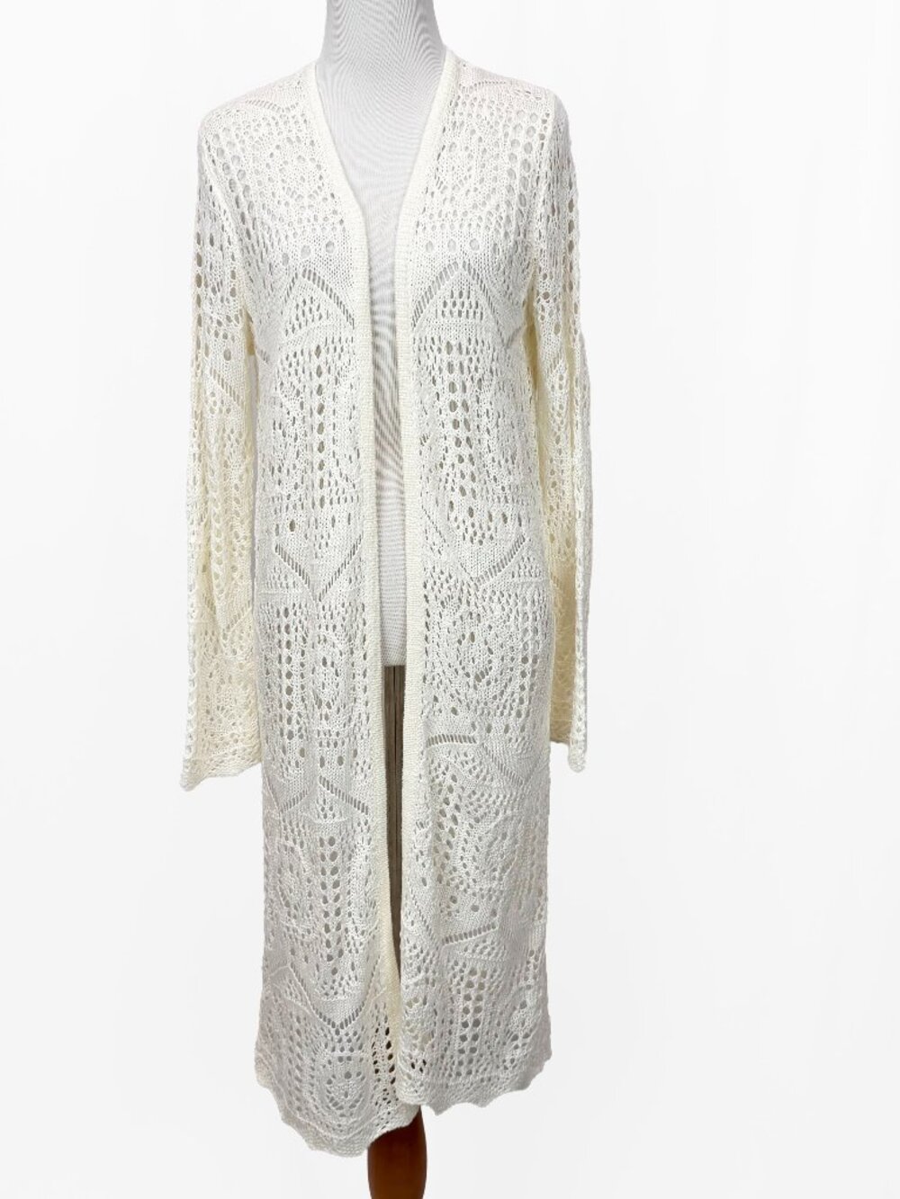Chelsea & Theodore Open-Front Crochet Long Cardigan in Cream